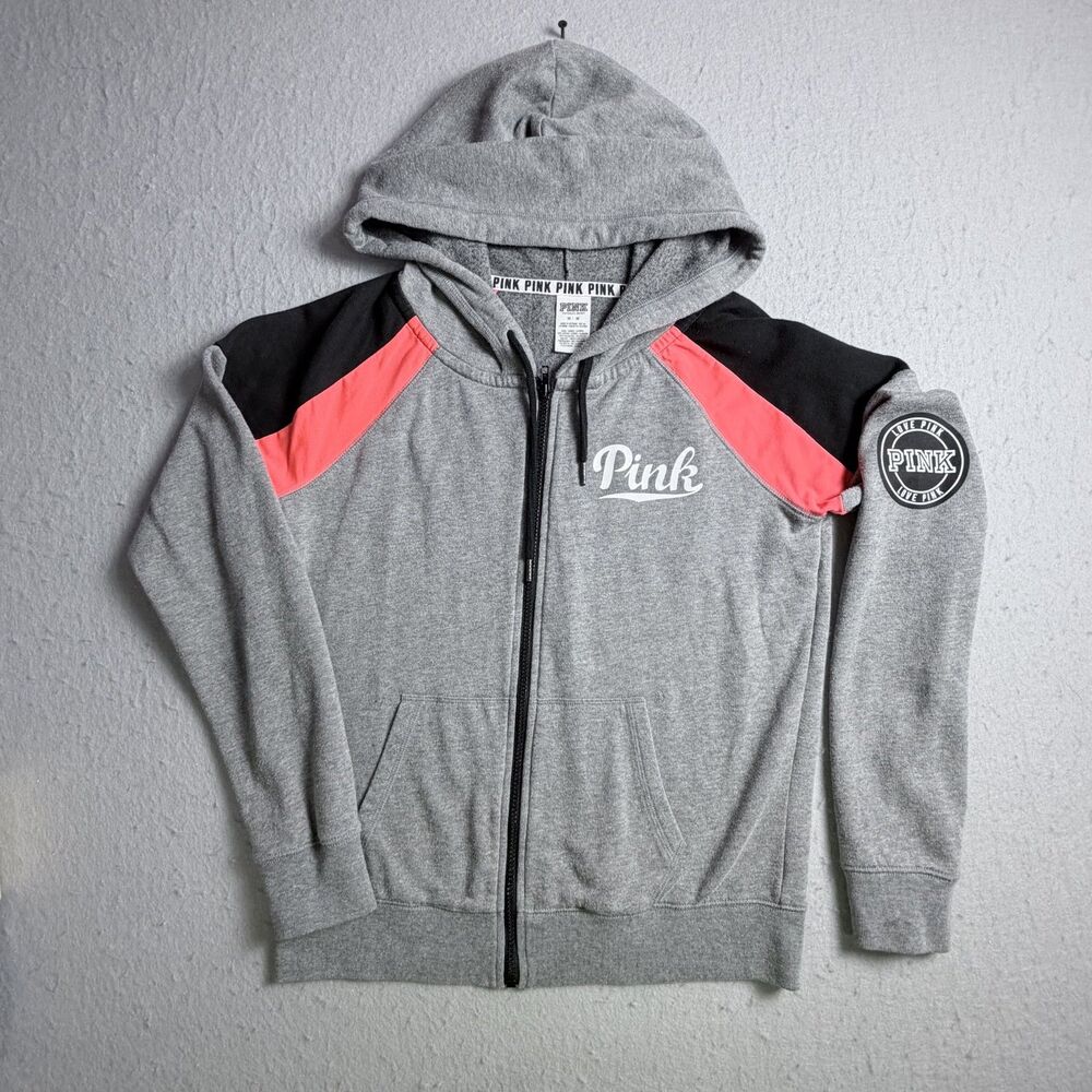 PINK Victoria's Secret Full Zip Gray Black Coral Medium Hooded Sweatshirt Jacket
